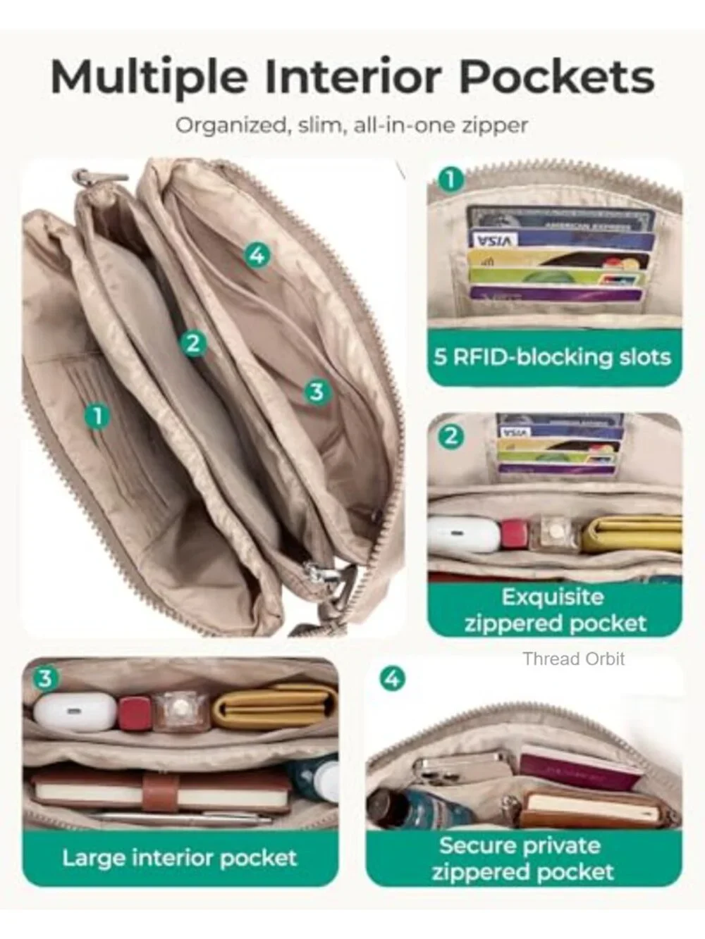 Puffy Crossbody Bag with RFID Blocking, Triple Compartment Travel Purse